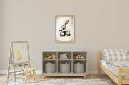 Bunny Art Print, Mother & Baby in Muted Tones, Cozy Nursery Decor - WildfieldPrints