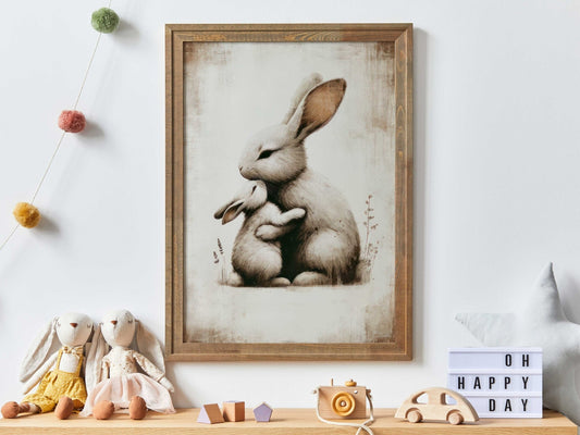 Bunny Art Print, Mother & Baby in Muted Tones, Cozy Nursery Decor - WildfieldPrints