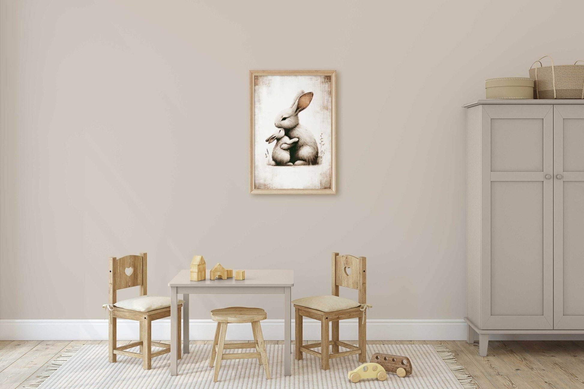 Bunny Art Print, Mother & Baby in Muted Tones, Cozy Nursery Decor - WildfieldPrints