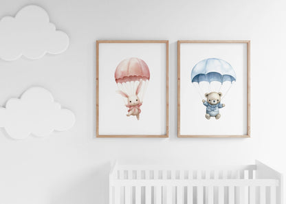Bunny & Bear Nursery Prints, Pink Blue Hot Air Balloon Decor, Wall Art - WildfieldPrints