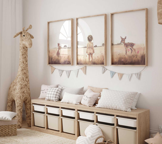 Bunny & Deer Nursery Decor, Animal Art for Girls, Wildflower Wall Decor - WildfieldPrints