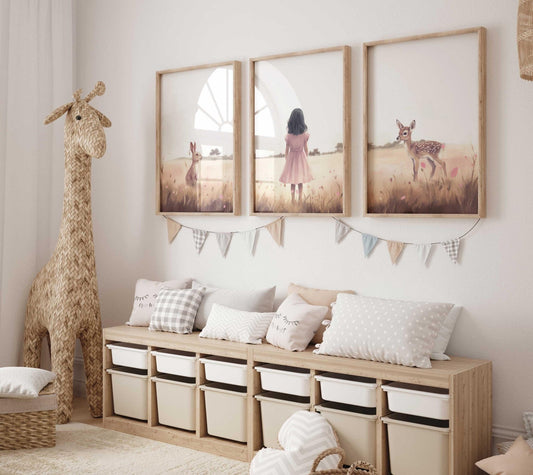 Bunny & Deer Nursery Decor, Animal Girls Room Decor, Rabbit Wall Art - WildfieldPrints