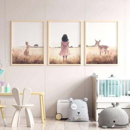 Bunny & Deer Nursery Decor, Animal Girls Room Decor, Rabbit Wall Art - WildfieldPrints