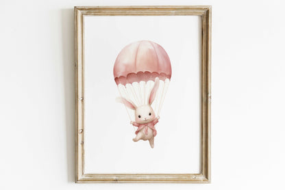 Bunny Nursery Art Print, Parachute & Hot Air Balloon Decor, Baby Gift - WildfieldPrints