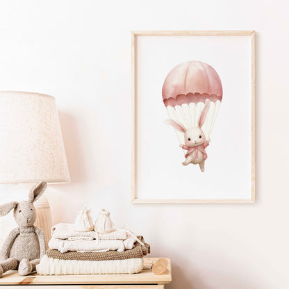 Bunny Nursery Art Print, Parachute & Hot Air Balloon Decor, Baby Gift - WildfieldPrints