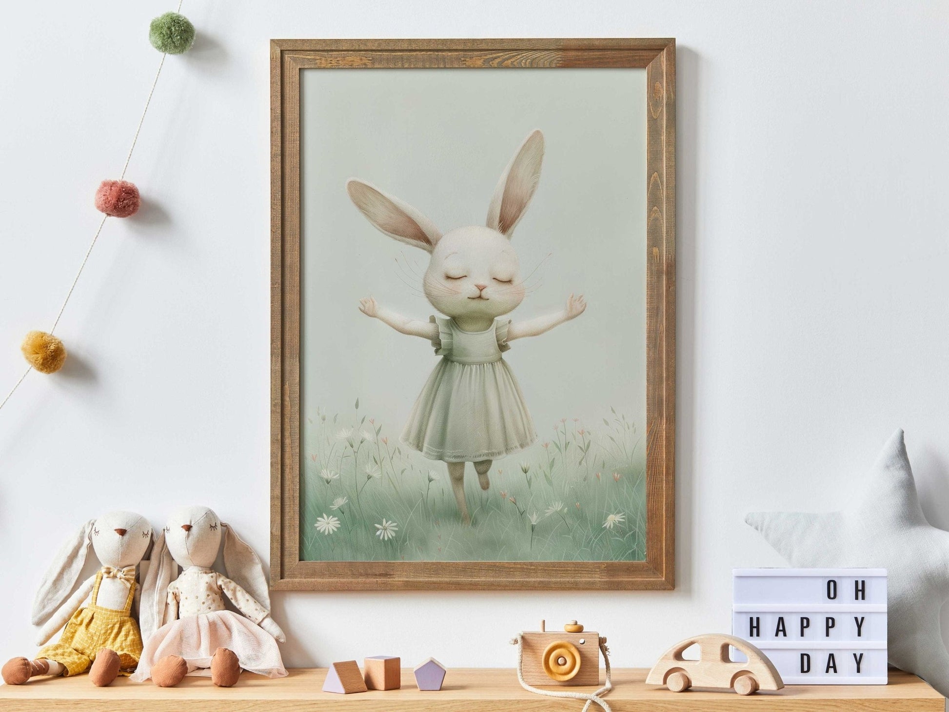 Bunny Nursery Decor, Happy Rabbit Print, Wildflower Field Art - WildfieldPrints