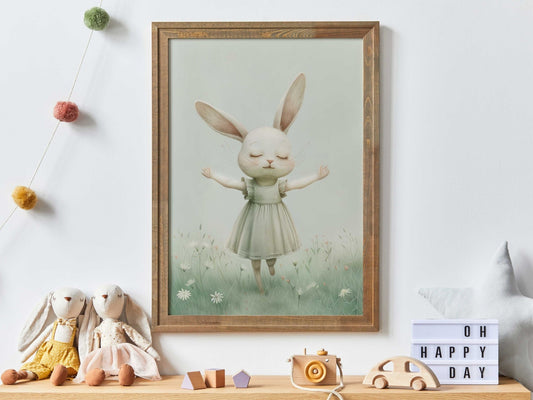 Bunny Nursery Decor, Happy Rabbit Print, Wildflower Field Art - WildfieldPrints