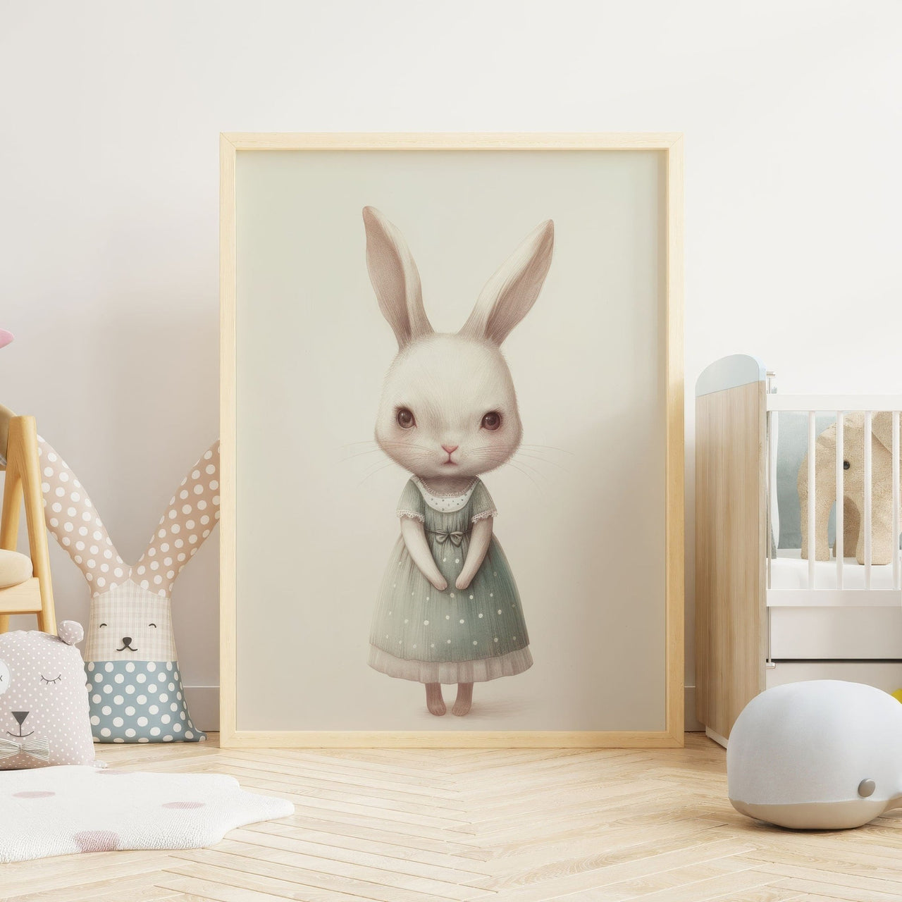 Whimsical Rabbit Wall Art – Animal Nursery Print for Baby Girl Room