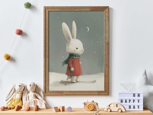Bunny Nursery Wall Decor, Vintage Rabbit Art, Winter Theme for Kids - WildfieldPrints