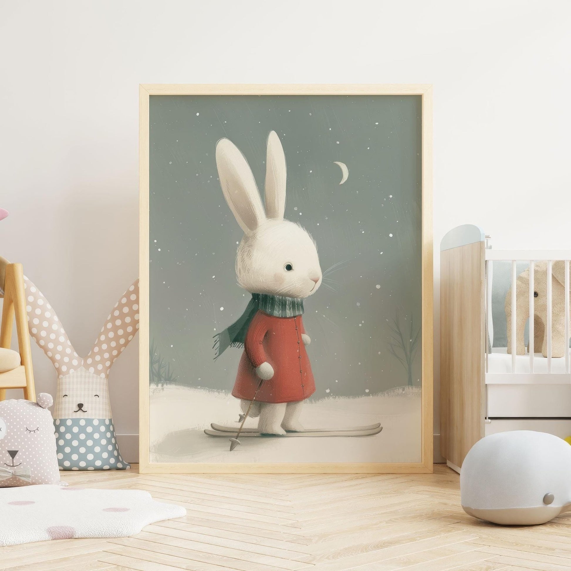 Bunny Nursery Wall Decor, Vintage Rabbit Art, Winter Theme for Kids - WildfieldPrints