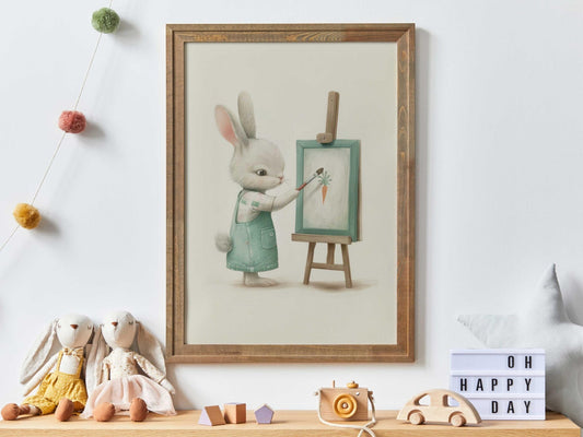 Bunny Nursery Wall Decor, Wildflower Field Print, Rabbit Painting - WildfieldPrints