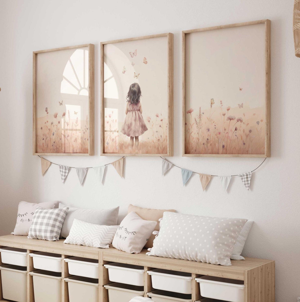 Butterfly Wall Art – Floral Kids Room Print • Set of 3