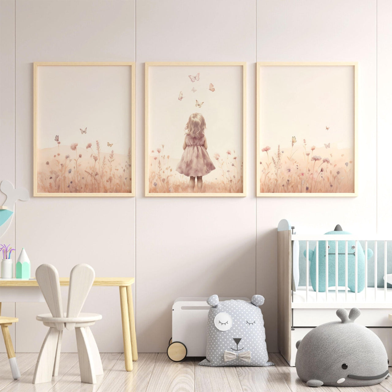 Butterfly Wall Art – Floral Girls Room Print • Set of 3