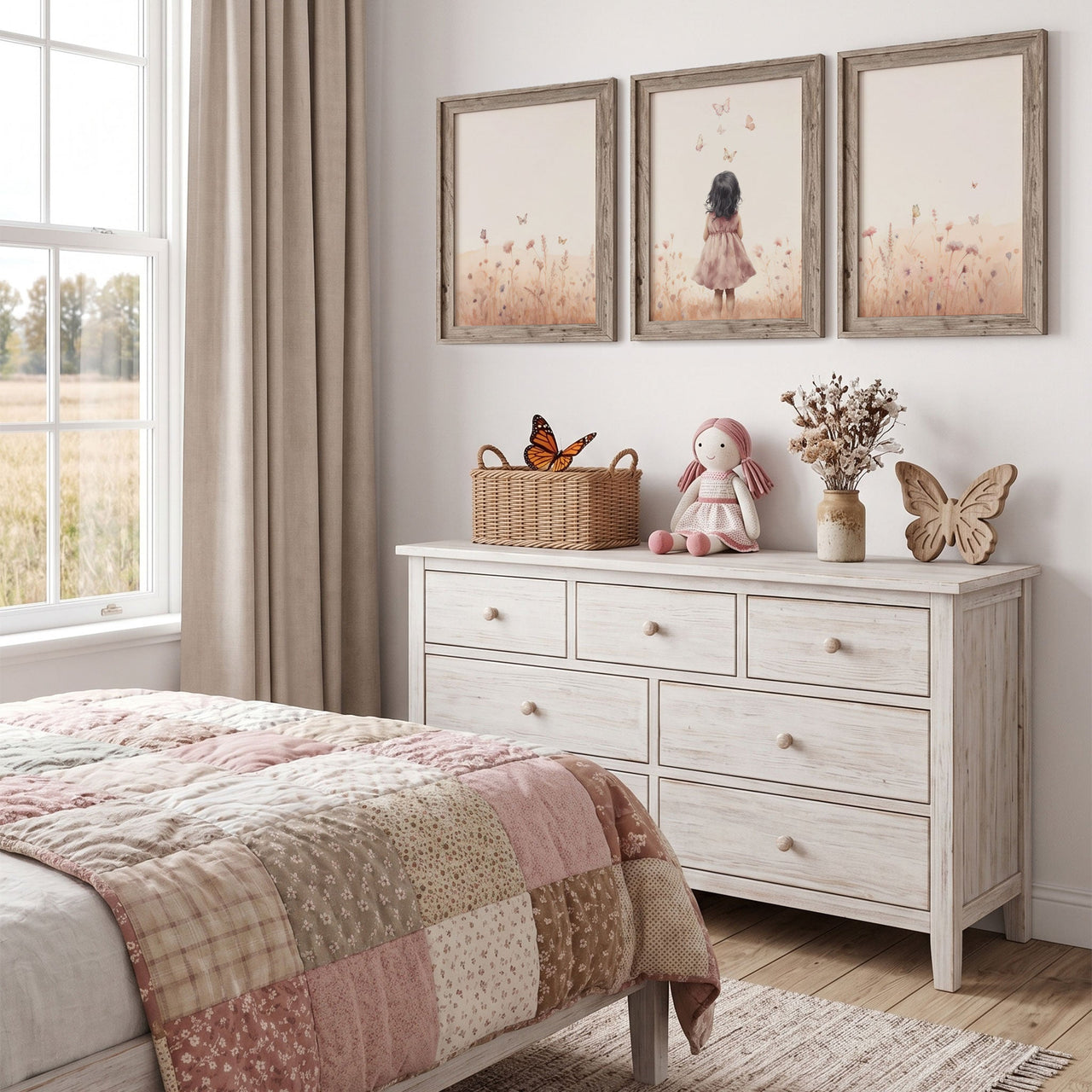 Butterfly Wall Art – Floral Girls Room Decor • Set of 3