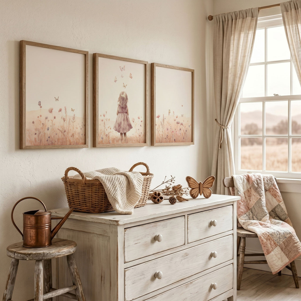 Butterfly Wall Art – Floral Girls Room Print • Set of 3