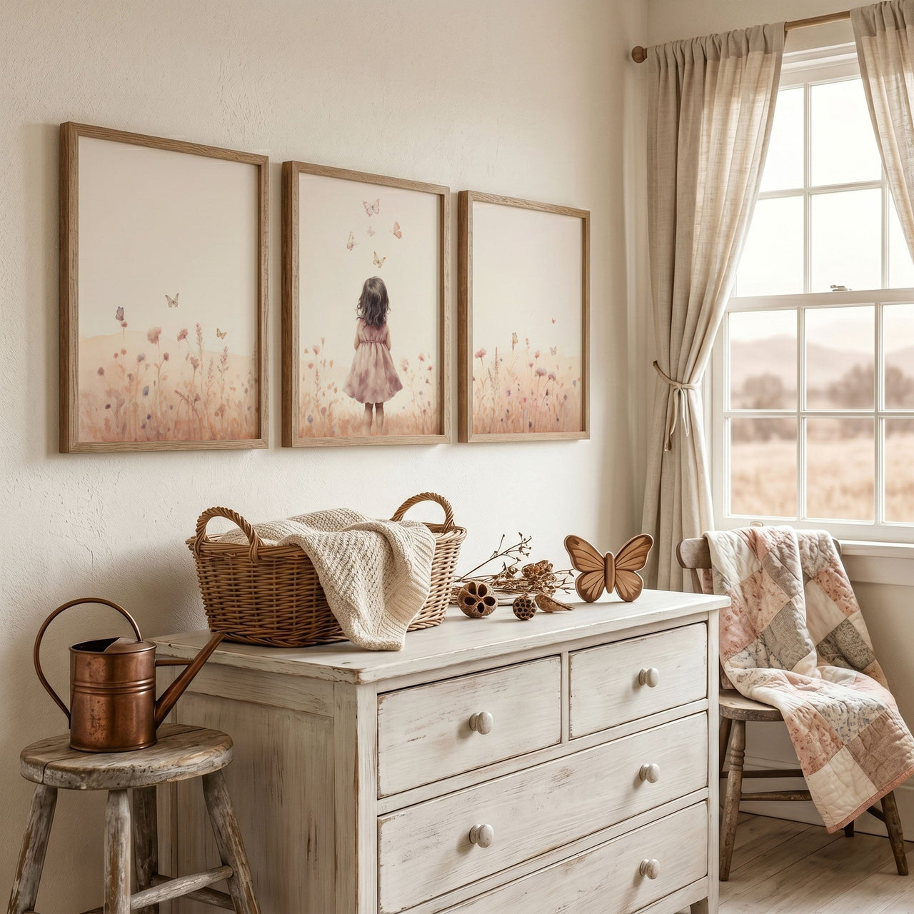 Butterfly Wall Art – Floral Kids Room Print • Set of 3