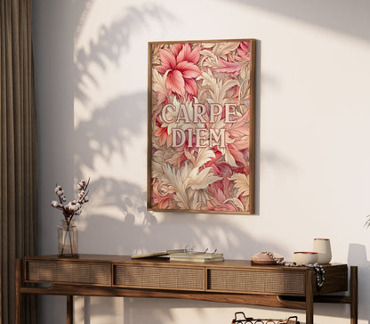 Carpe Diem Wall Art, Inspirational Quote Decor, Vintage Floral Design - WildfieldPrints