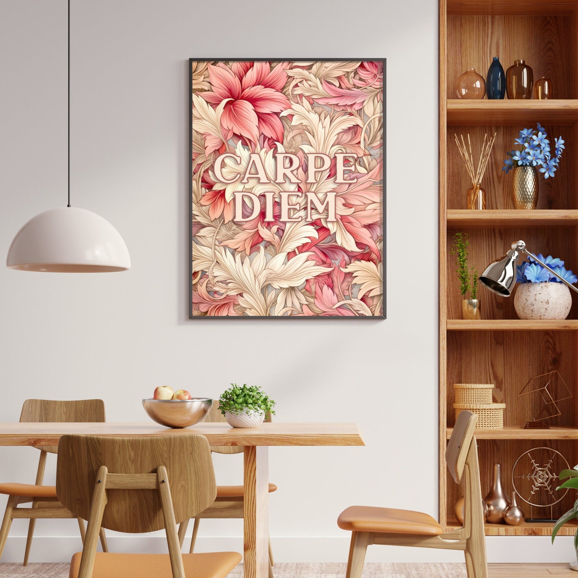 Carpe Diem Wall Art, Inspirational Quote Decor, Vintage Floral Design - WildfieldPrints