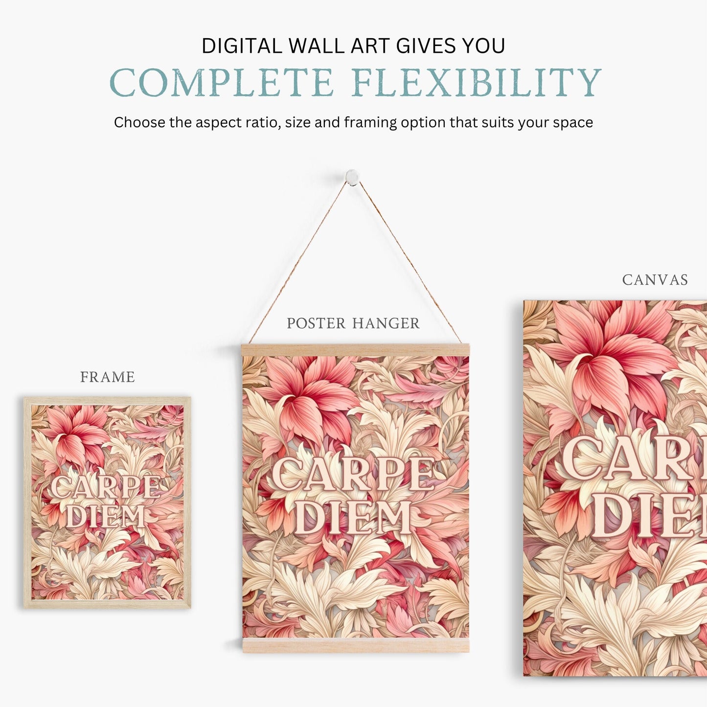 Carpe Diem Wall Art, Inspirational Quote Decor, Vintage Floral Design - WildfieldPrints