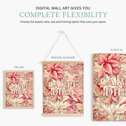 Carpe Diem Wall Art, Inspirational Quote Decor, Vintage Floral Design - WildfieldPrints
