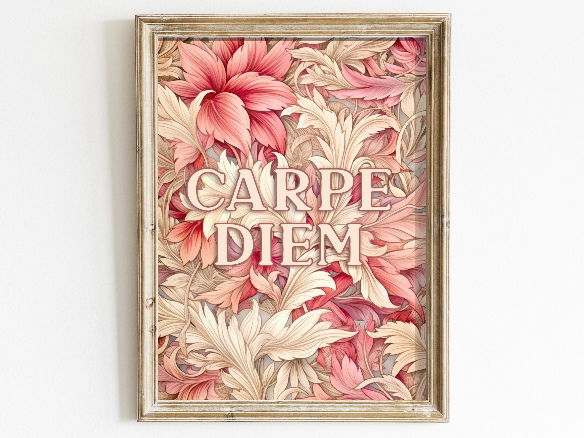 Carpe Diem Wall Art, Inspirational Quote Decor, Vintage Floral Design - WildfieldPrints