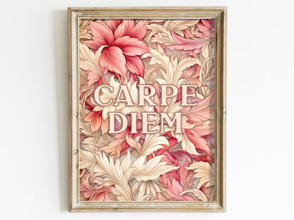 Carpe Diem Wall Art, Inspirational Quote Decor, Vintage Floral Design - WildfieldPrints