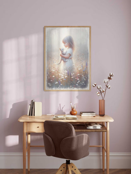 Cat Nursery Art, Floral Girl Room Decor, Wildflower Wall Prints - WildfieldPrints