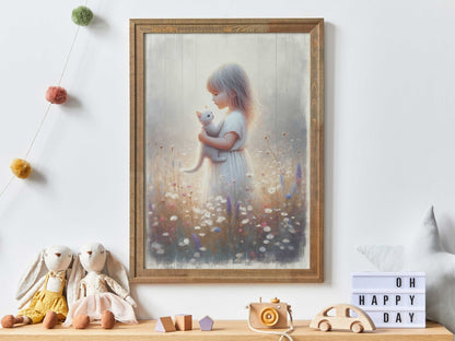 Cat Nursery Art, Floral Girl Room Decor, Wildflower Wall Prints - WildfieldPrints