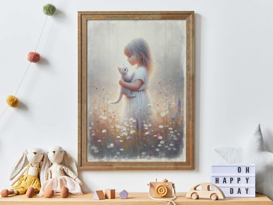 Cat Nursery Art, Floral Girl Room Decor, Wildflower Wall Prints - WildfieldPrints