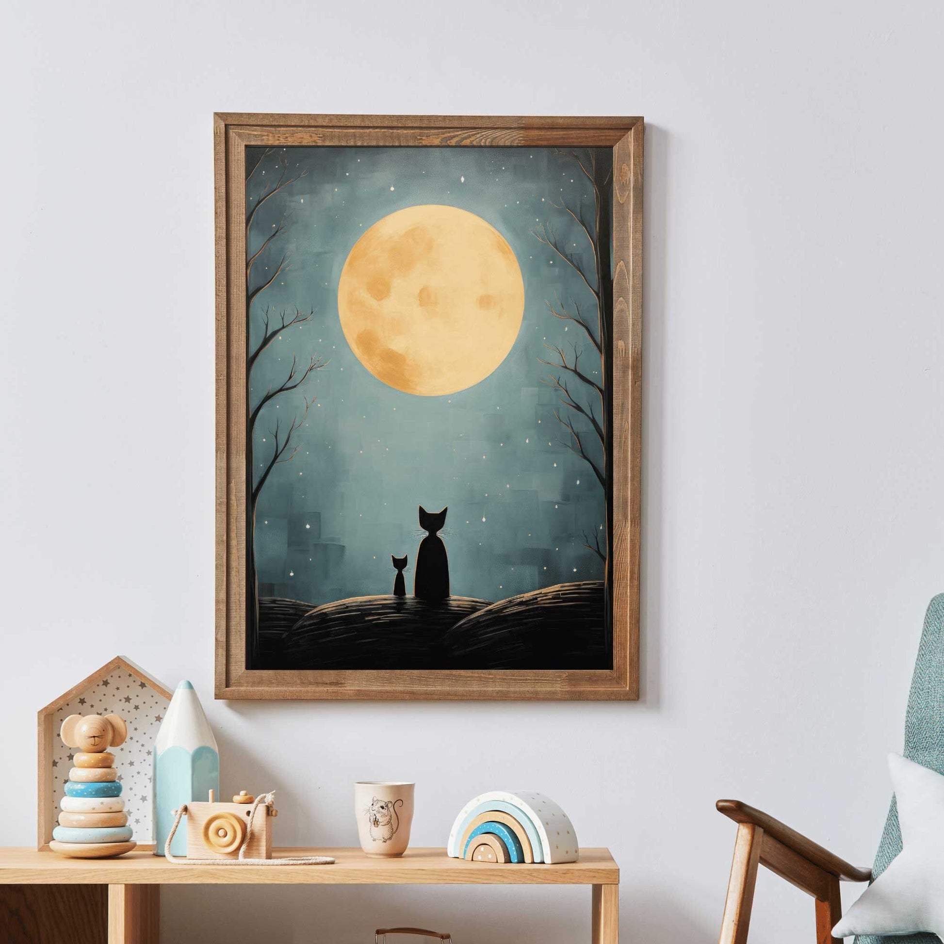 Cat Nursery Prints, Moody Kids Room Decor, Whimsical Wall Art - WildfieldPrints