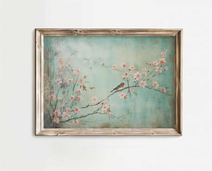 Cherry Blosson Art, Small Bird Print, Vintage Turquoise, Cherry Tree Branch, Rustic Floral Wall Art, Horizontal Printable Flower Wall Decor - My Store