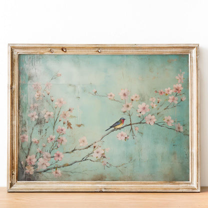 Cherry Blosson Art, Small Bird Print, Vintage Turquoise, Cherry Tree Branch, Rustic Floral Wall Art, Horizontal Printable Flower Wall Decor - My Store