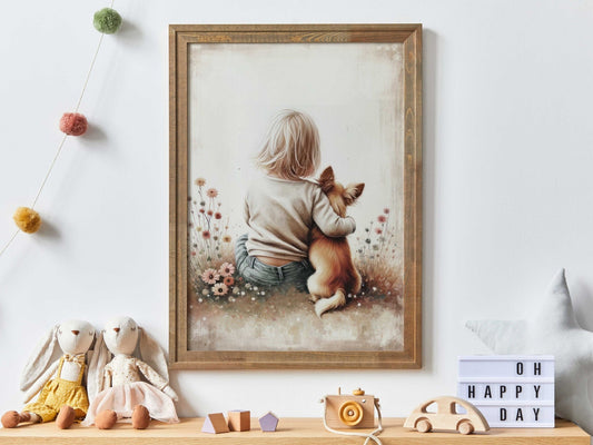 Chihuahua Nursery Decor, Girl & Dog Painting, Whimsical Wall Art - WildfieldPrints