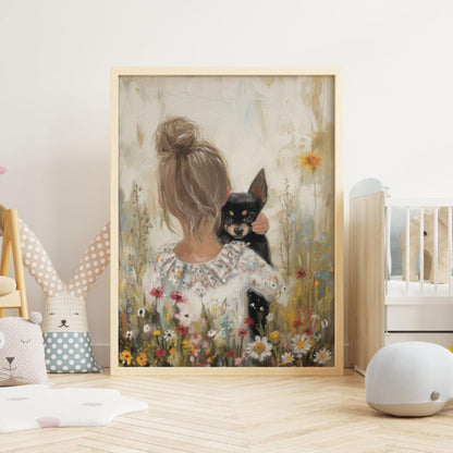 Chihuahua Nursery Print, Dog Decor Girl Room, Vintage Painting, Girl & Dog, Chihuahua Wall Art, Dog Nursery Decor, Printable Dog Wall Decor - My Store