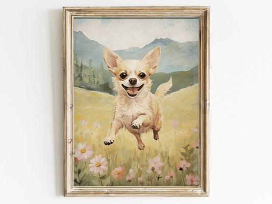 Chihuahua Print, Vintage Dog Decor, Running Dog Portrait, Floral Design - WildfieldPrints