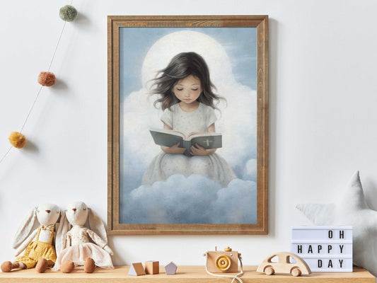 Christian Nursery Decor, Vintage Girl Reading Bible, Faith - Themed Art - WildfieldPrints