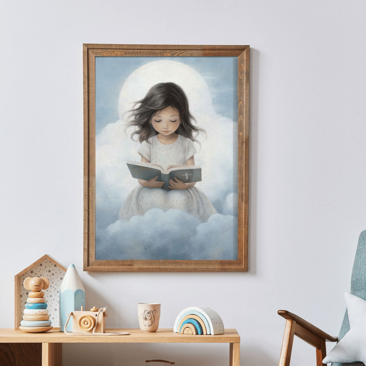 Girl Reading Bible Print – Faith Nursery Wall Art