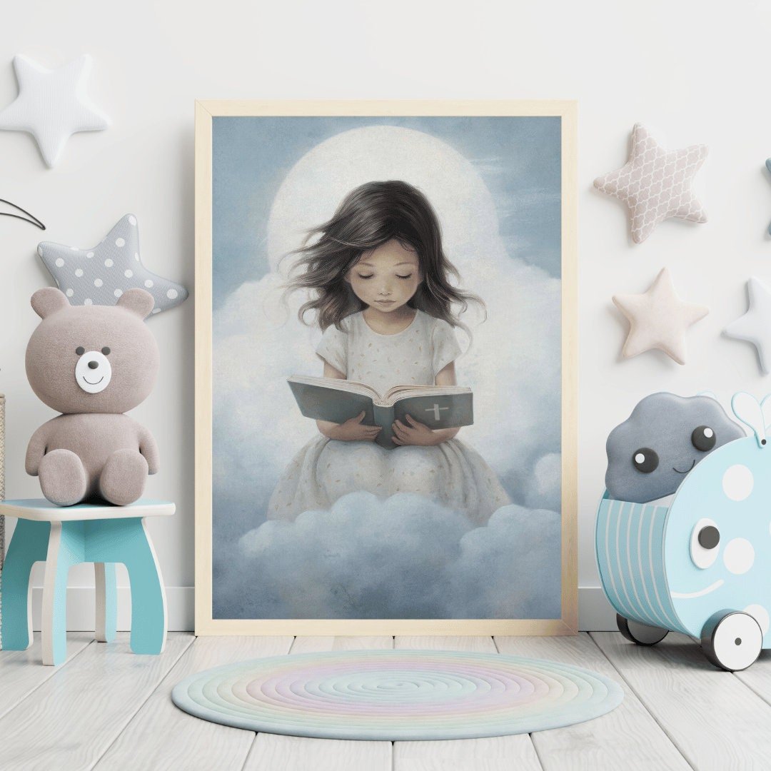 Girl Reading Bible Print – Faith Nursery Wall Art