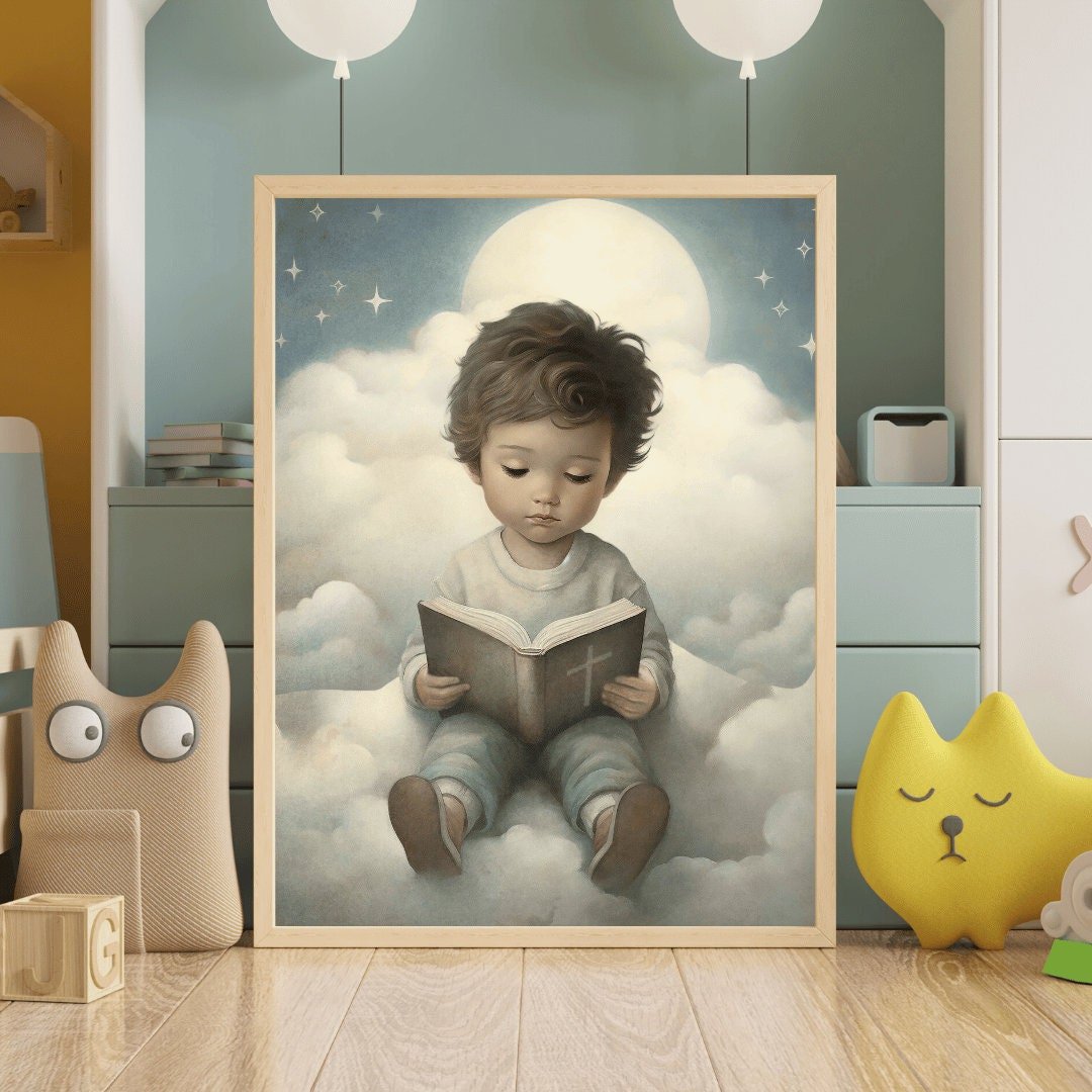 Boy Reading Bible Wall Art – Religious Boys Room Print
