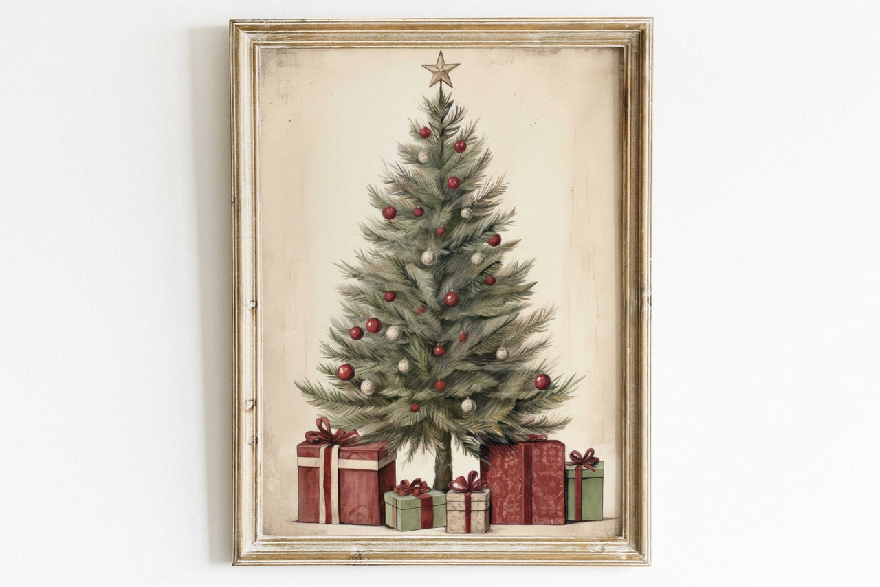 Vintage Christmas Tree Wall Art – Holiday Living Room Print