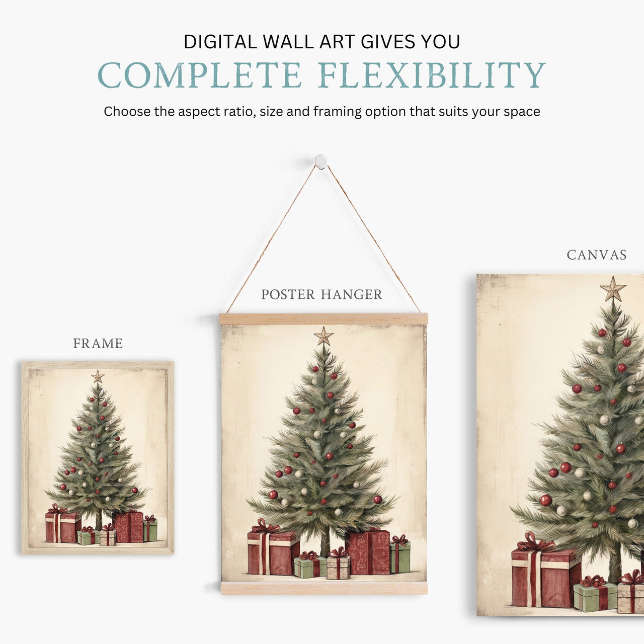 Vintage Christmas Tree Wall Art – Holiday Living Room Print