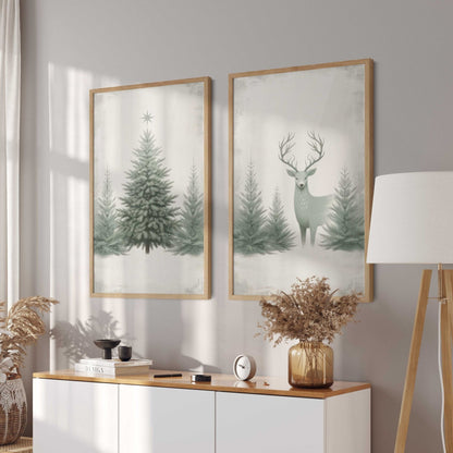 Christmas Wall Art, Vintage Deer Decor, Sage Green Tree Print - WildfieldPrints