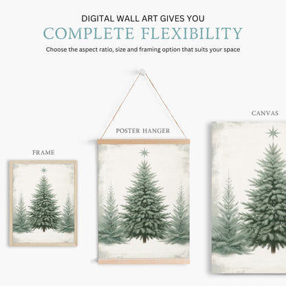 Christmas Wall Art, Vintage Deer Decor, Sage Green Tree Print - WildfieldPrints
