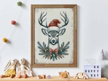 Christmas Wall Art, Vintage Deer Print, Festive Animal Decor - WildfieldPrints