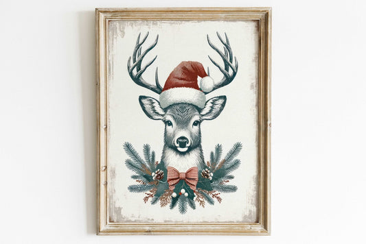Christmas Wall Art, Vintage Deer Print, Festive Animal Decor - WildfieldPrints