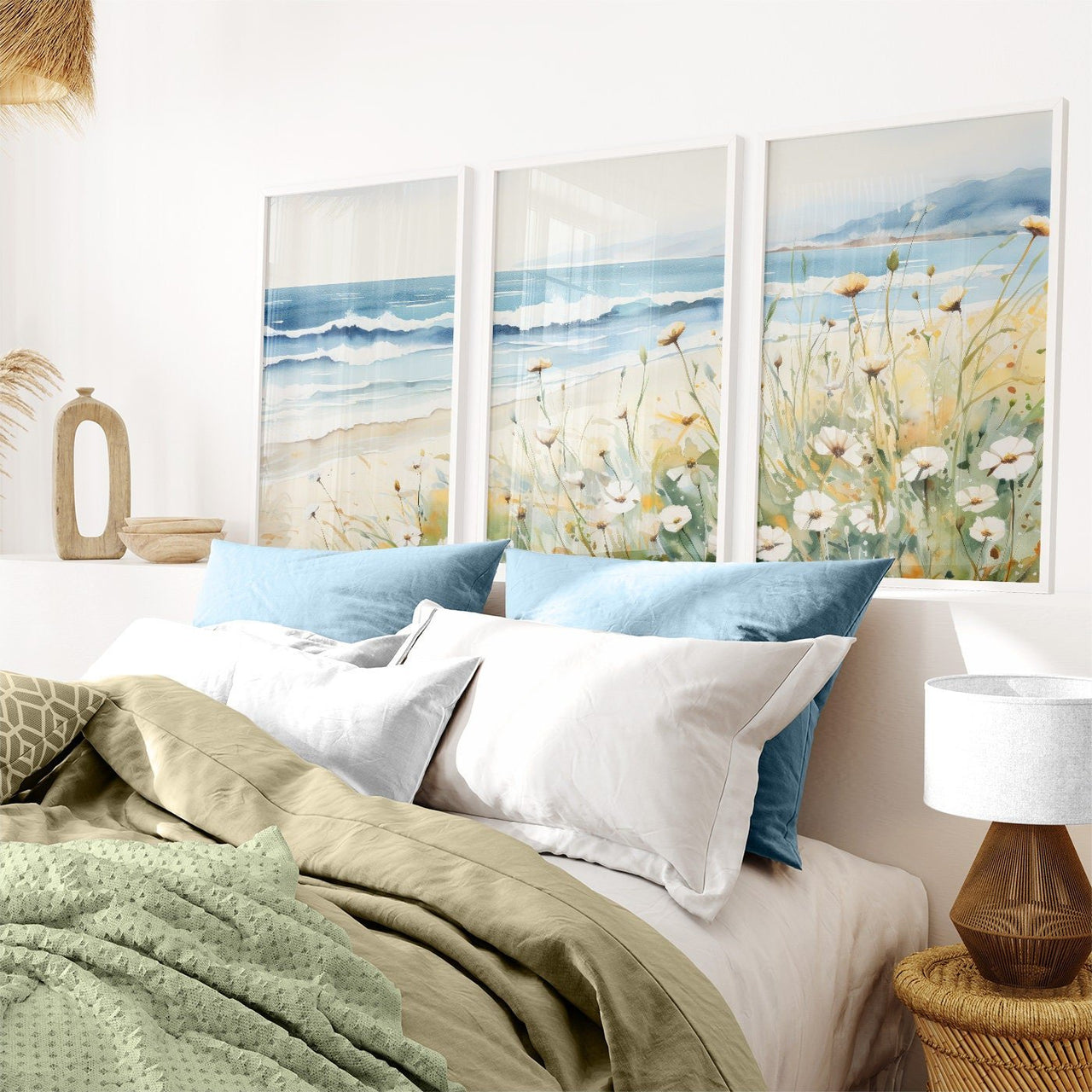 Seaside Watercolor Wall Art – Coastal Living Room Decor Set of 3