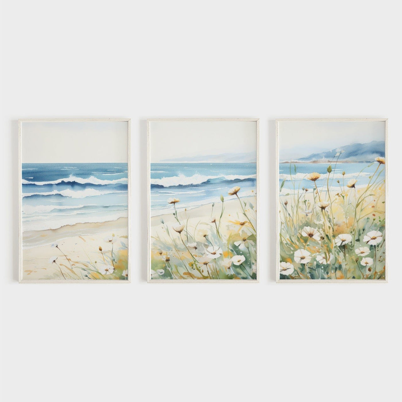 Seaside Watercolor Wall Art – Coastal Living Room Decor Set of 3