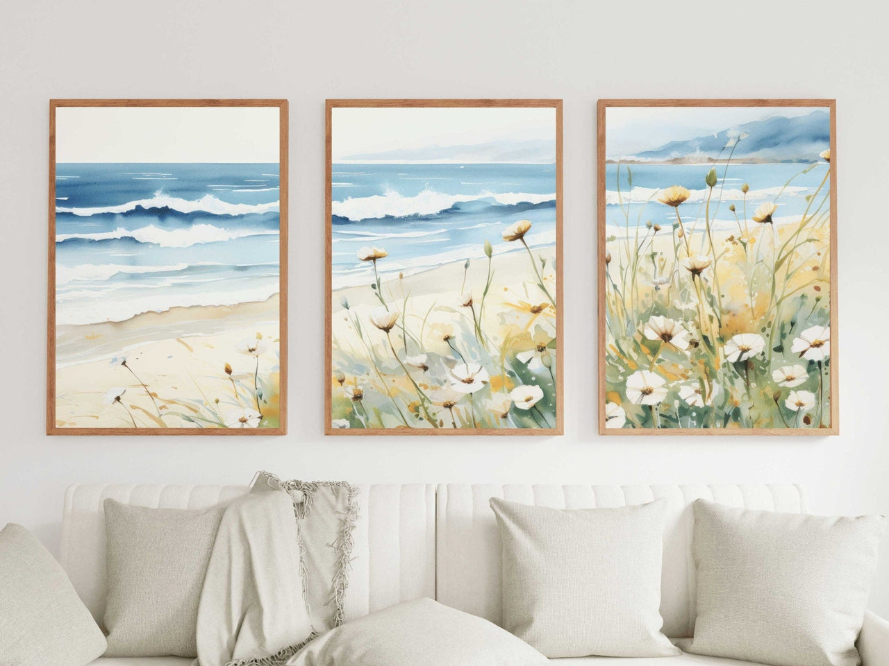 Seaside Watercolor Wall Art – Coastal Living Room Decor Set of 3