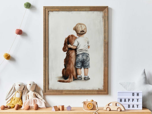 Cocker Spaniel Nursery Decor, Boy & Dog Wall Art, Brown Dog Portrait - WildfieldPrints
