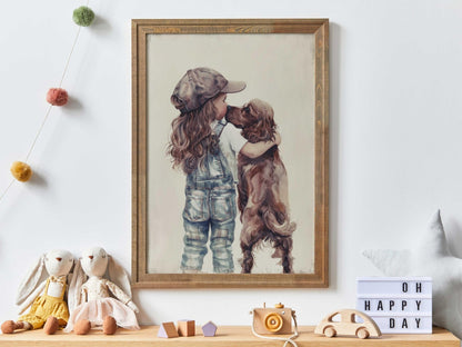 Cocker Spaniel Nursery Decor, Girl & Dog Painting, Brown Dog Print - WildfieldPrints